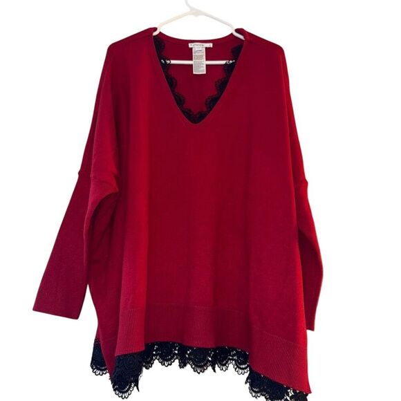 Chico's Sweaters - Chico's Women's Red V-Neck Poncho Sweater Lace Trim Size L NWOT